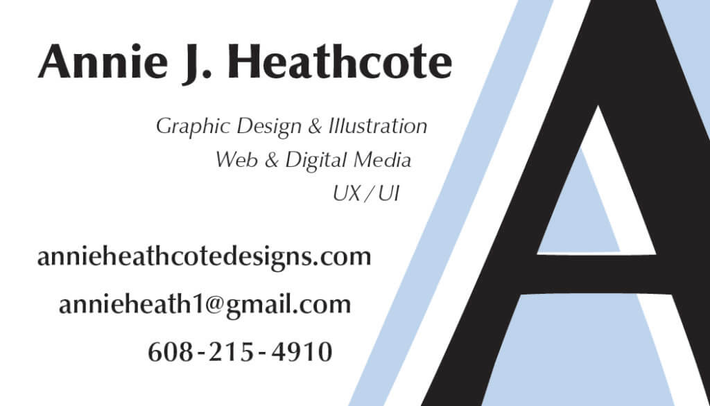 The Front of Annie's Business Card featuring her contact info with a letter A design in white and light blue