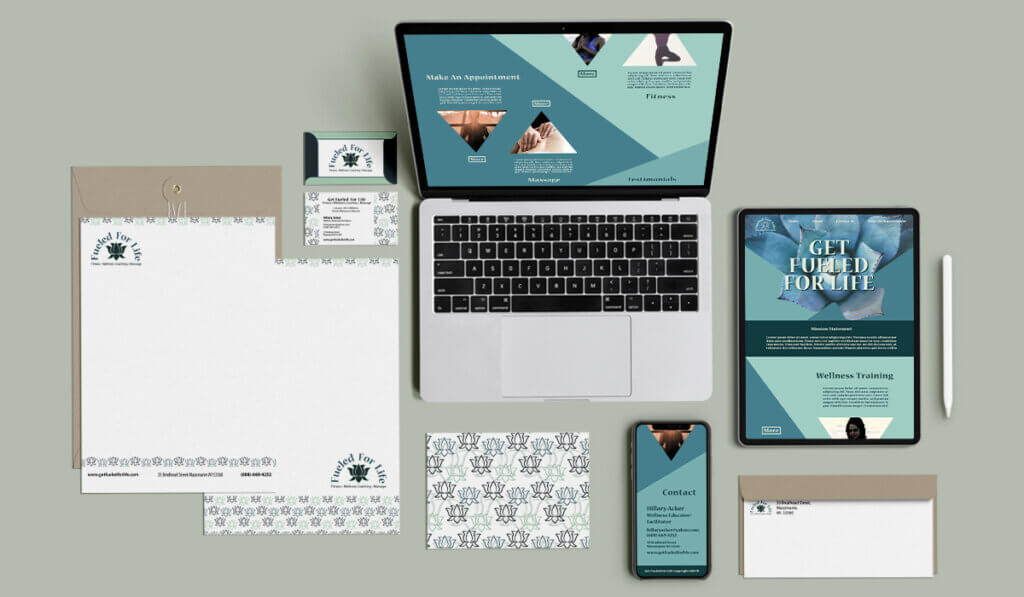 Fueled For Life rebrand work featuring website mockups and stationery paper branding