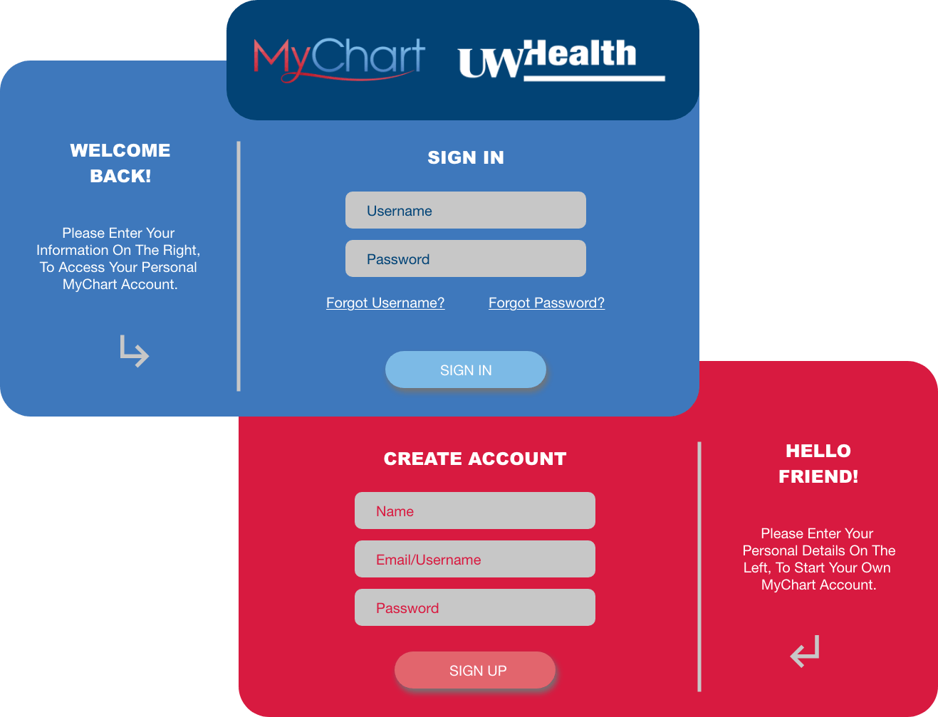 Red and blue MyChart login screen